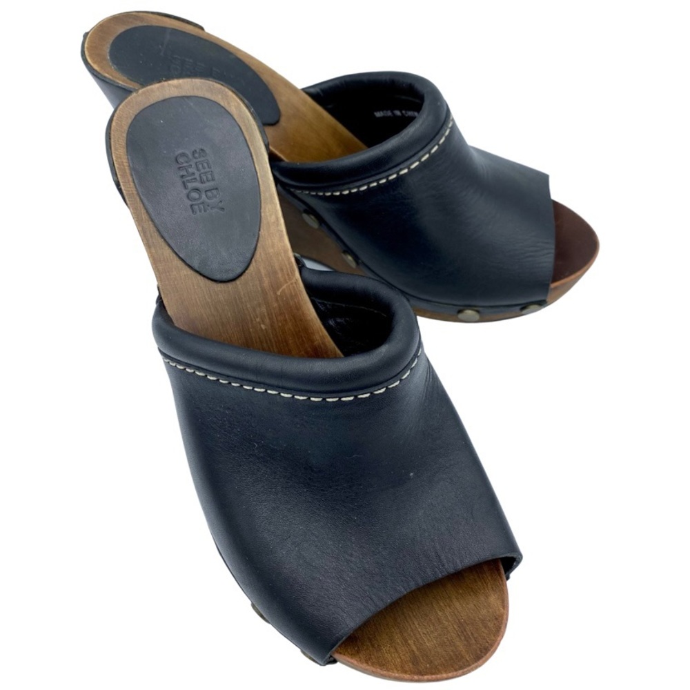 SEE By CHLOE Open Toe Wooden Studded Wedge 4”Heels